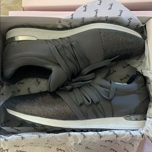 Gray and metallic slip on sneakers